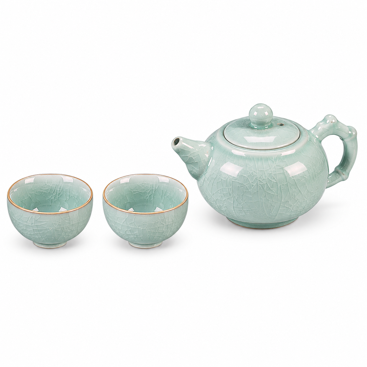Crackle Glaze Ru Ware tea set with pale celadon teapot, two matching tea cups 