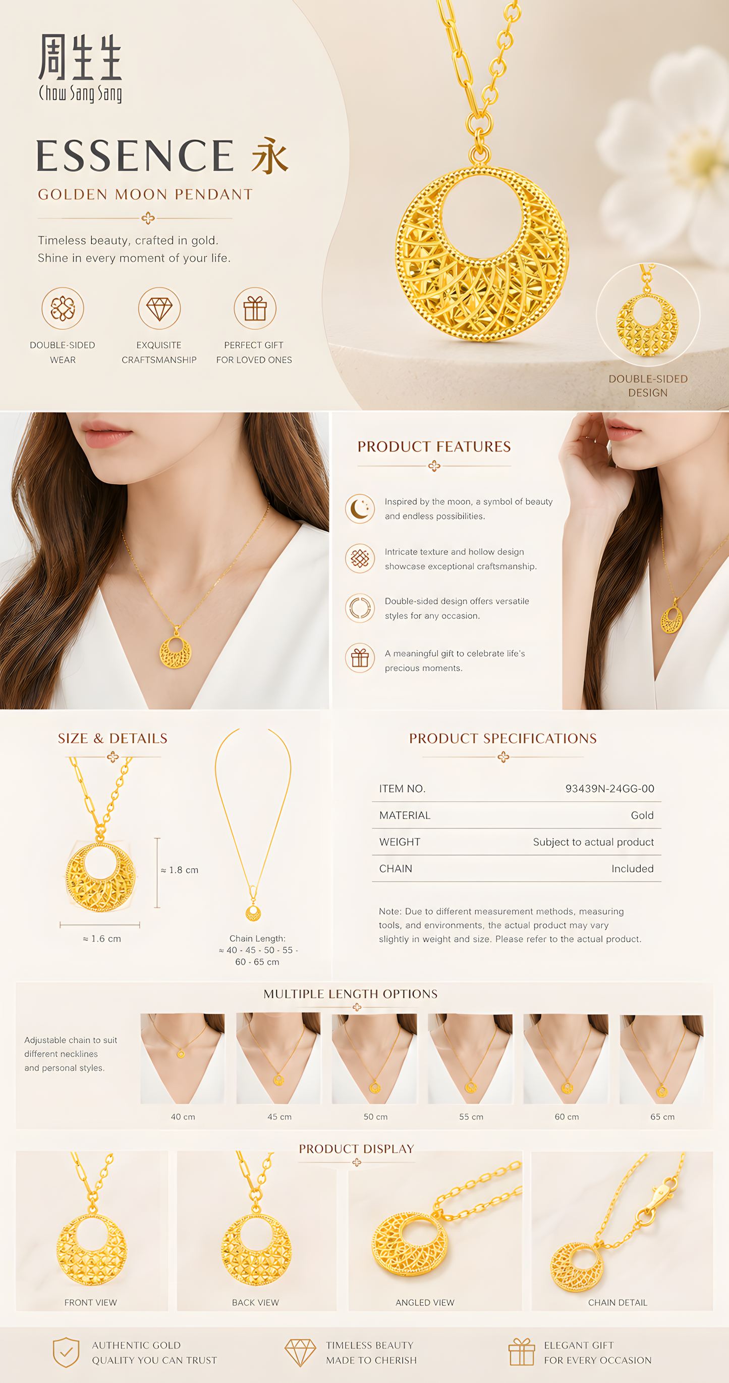 999 Pure Gold Crescent Moon Pendant Necklace™ | Symbol of Hope & New Beginnings