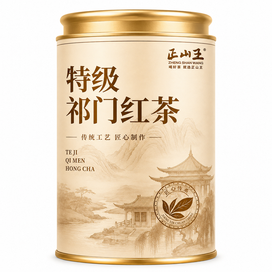 Premium Keemun Black Tea 125 g Te Ji Qimen Hong Cha in gold and ivory tea tin
