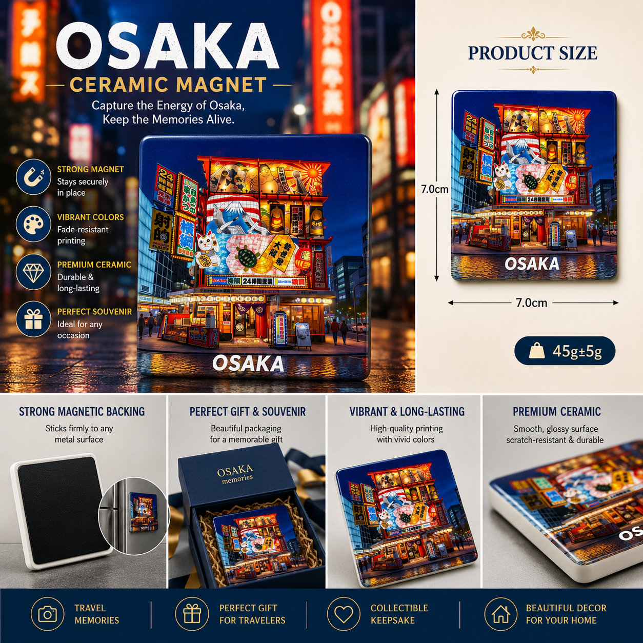 Osaka Japan Ceramic Fridge Magnet – Japanese Neon Street Refrigerator Magnet, Osaka Night Market Souvenir, Anime City Home Decor Gift