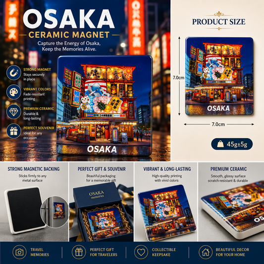 Osaka Japan Ceramic Fridge Magnet – Japanese Neon Street Refrigerator Magnet, Osaka Night Market Souvenir, Anime City Home Decor Gift