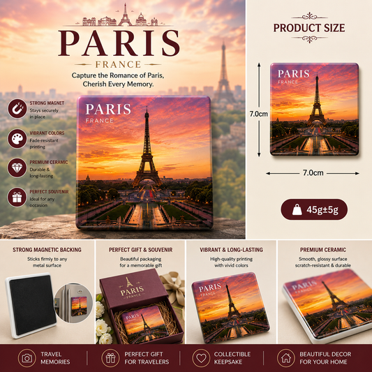 Paris France Ceramic Fridge Magnet – Eiffel Tower Sunset Refrigerator Magnet, Romantic Paris Souvenir, French Home Decor Gift