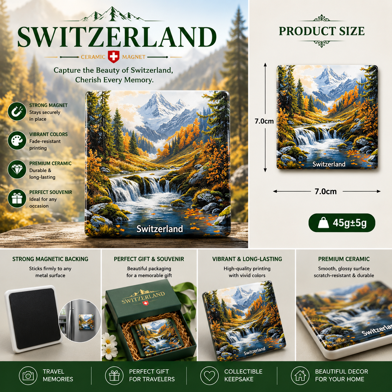 Switzerland Ceramic Fridge Magnet – Swiss Alps Mountain River Refrigerator Magnet, Nature Travel Souvenir, Alpine Home Decor Gift