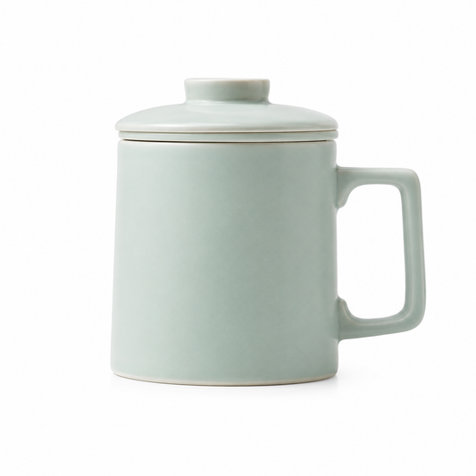Celadon Ru Ware 400 mL infuser mug with matching lid removable loose-leaf tea filter and pale blue-green glaze