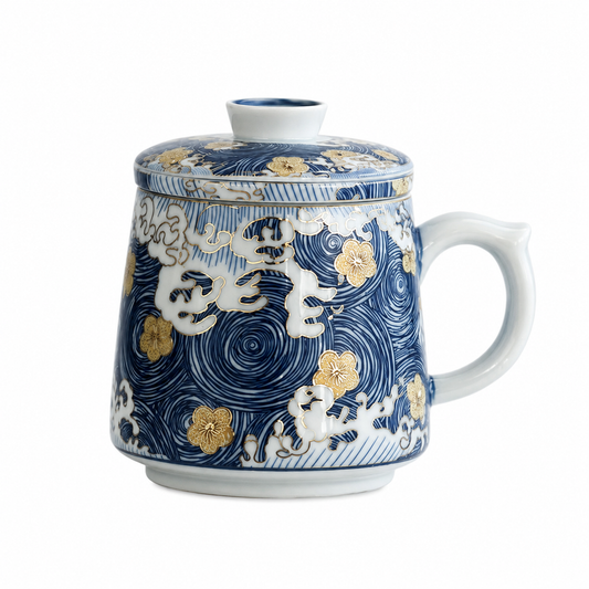 Flowing Water and Blossom 400 mL ceramic infuser mug with lid removable tea filter and blue gold floral design