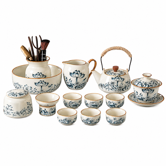 Lotus Blossom Ru Ware Gongfu tea set with overhead-handle teapot, Xishi teapot, gaiwan, fairness pitcher and eight tasting cups