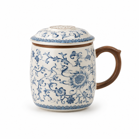 Blue Blossom 400 mL ceramic infuser mug with lid removable loose-leaf tea filter and brown handle
