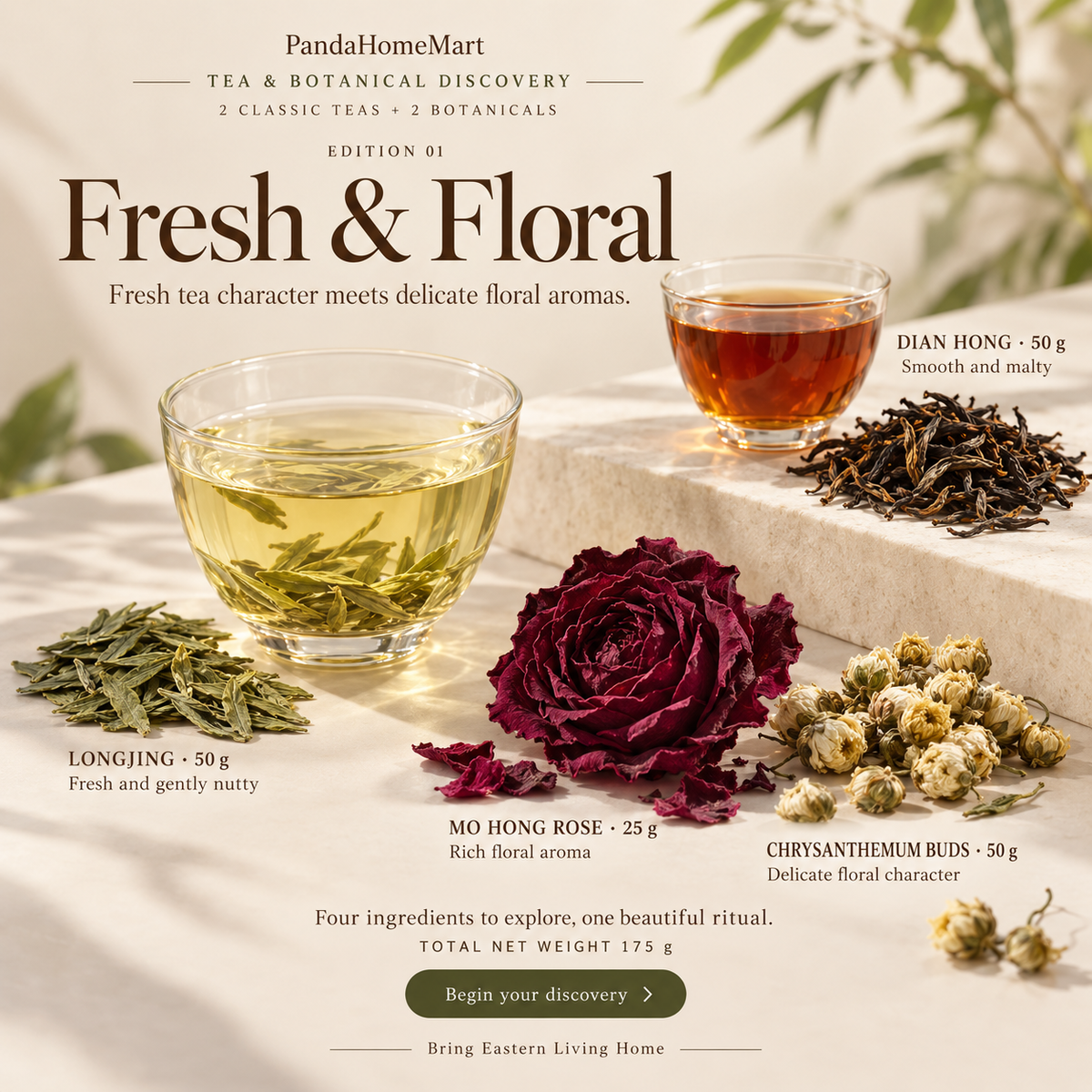 Fresh and Floral Chinese Tea Subscription Box with Longjing Dian Hong Rose and Chrysanthemum
