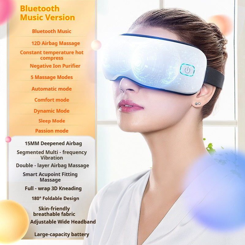 FQ-01 Bluetooth Eye Massager with Music - 5 Massage Modes, Deep Airbag Compression, Constant Temperature Heat, Fully Automatic, 180° Foldable