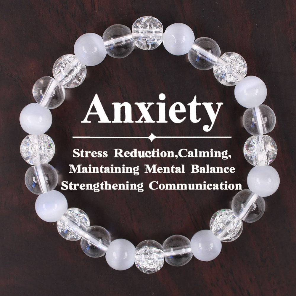 2pcs Anxiety Relief Bracelet - Clear Crackle Quartz & White Agate Beads for Stress Reduction, Calm Mind & Emotional Balance