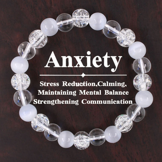 2pcs Anxiety Relief Bracelet - Clear Crackle Quartz & White Agate Beads for Stress Reduction, Calm Mind & Emotional Balance