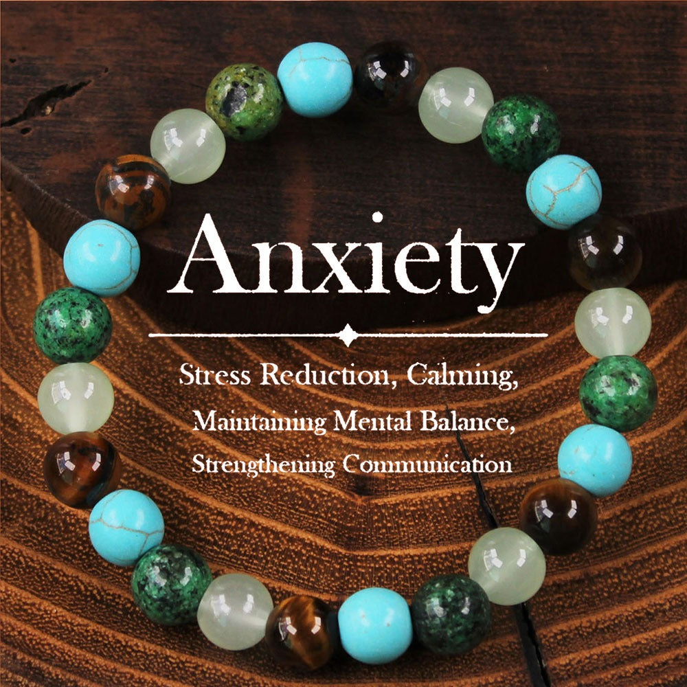 2pcs Anxiety Relief Bracelet - Turquoise, Tiger's Eye & Green Jasper Crystal Beads for Stress Reduction, Calm & Mental Balance