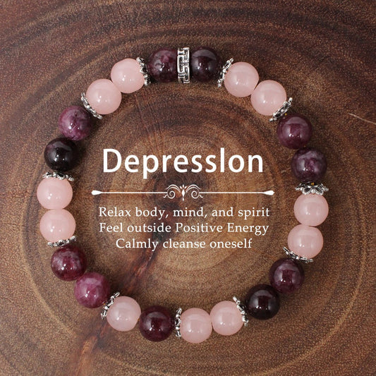 2 pcs Depression Relief Bracelet - Rose Quartz & Lepidolite Crystal Bracelet for Emotional Healing, Positive Energy, Calm & Inner Peace