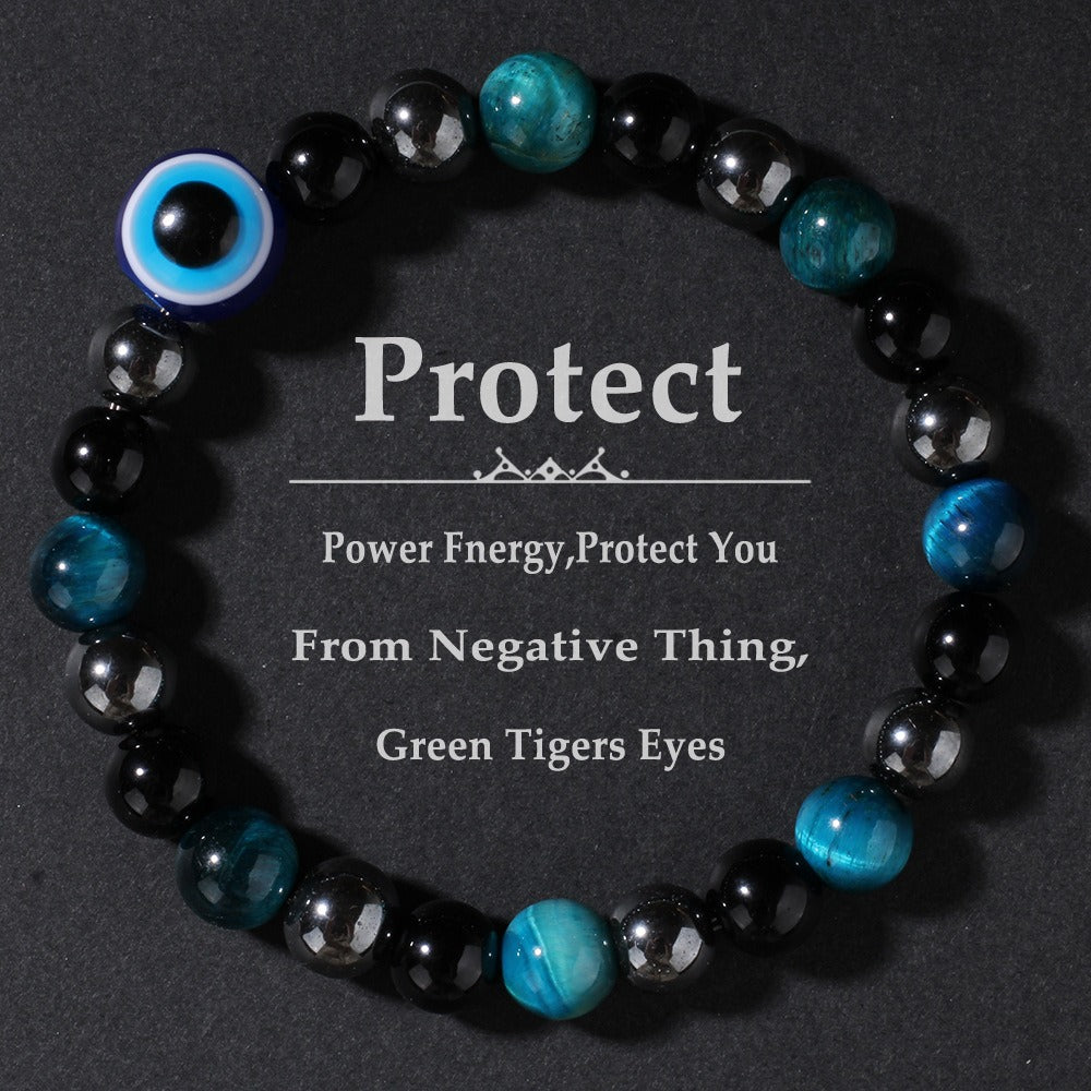 2pcs Evil Eye Protection Bracelet - Green Tiger's Eye, Blue Tiger's Eye & Hematite for Negative Energy Protection, Strength & Good Luck