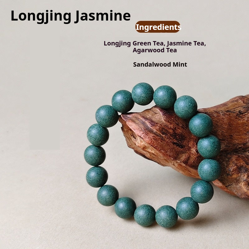 2pcs Longjing Jasmine Green Tea Aromatherapy Bracelet - Natural Scented Beaded Wrist Mala | Agarwood, Sandalwood & Mint Essential Oil Infused