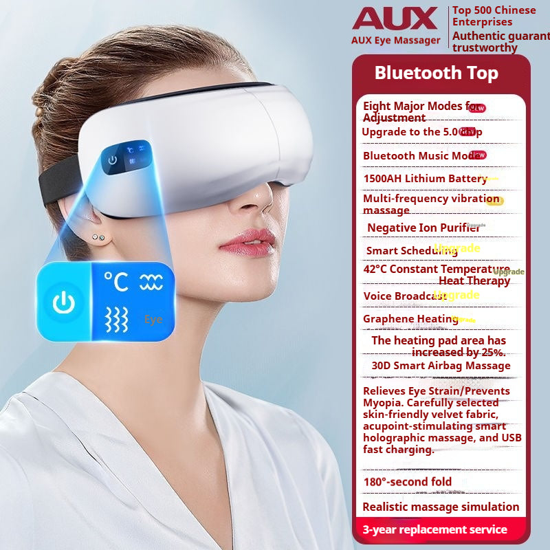 LCD Premium Eye Massager White - 8 Modes, 32D Dual Airbag Massage, 20mm Airbags, Heat, Negative Ion, Bluetooth Music, Vibration & Timer